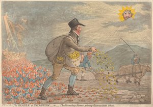 Der General des Patriotismus - oder - der Bloomsbury-Bauer beim Pflanzen von Bedfordshire-Weizen von James Gillray