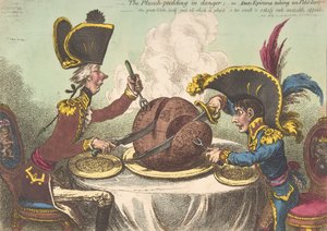 Der Pflaumenpudding in Gefahr, oder Staatsfeinschmecker nehmen ein kleines Abendessen, 26. Februar 1805 von James Gillray
