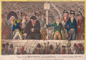 Ansicht der Wahltribüne in Covent Garden - Die Westminster-Wahl im November 1806, veröffentlicht 1806 von James Gillray