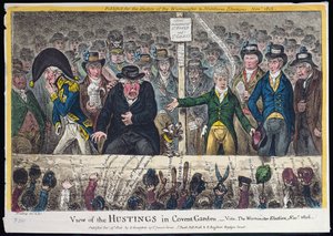 Ansicht der Wahltribüne in Covent Garden, veröffentlicht von Hannah Humphrey im Jahr 1806 von James Gillray