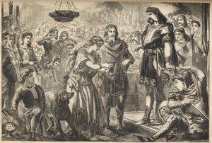 Vortigern (Gwrtheyrn) (5. Jahrhundert) König der Bretonen und Rowena - Rowena, Tochter von Hengist, bietet Vortigern, dem Stammeskönig der Briten, Wein an - Vortigern, König von Britannien, verliebt sich in Rowena beim Bankett von Hengist, dem sächsischen 