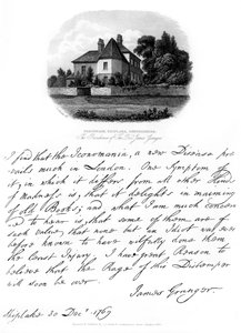 Ein Brief von Reverend James Granger und eine Ansicht seines Wohnsitzes in Shiplake, 1769, 1840 von James Granger