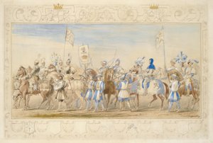 Fortsetzung des Gefolges des Marquis von Waterford, Ritter des Drachen und Viscount Alford, Ritter des Schwarzen Löwen, 1839 (Bleistift, Aquarell, Gouache und Goldfarbe auf Papier) von James Henry Nixon