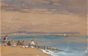 Strandszene mit Figuren an einer Buhne