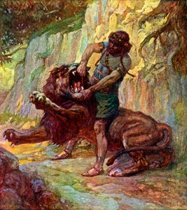 Simson tötet einen Löwen von J. James Tissot - Bibel