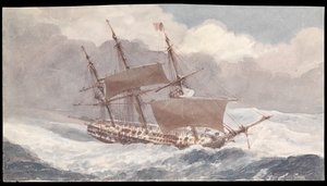 Die Barham vor dem südlichen Ende von Sardinien auf ihrer Fahrt nach England mit Vizeadmiral Sir Pulteney Malcolm, Mitte des 19. Jahrhunderts