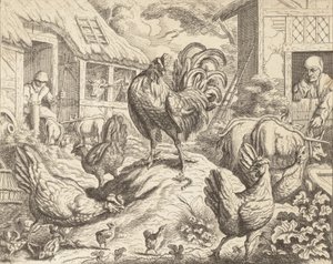 Der Hahn und der kostbare Stein, aus Äsops Fabeln, ca. 1760