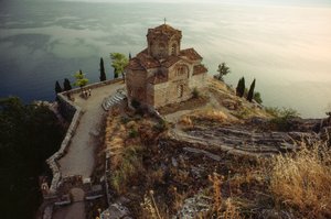 Die Region Ohrid ist ein Weltkulturerbe. Kirche des Heiligen Johannes Kaneo, Ohridsee, Jugoslawien.