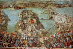 Dieses Fresko stellt die türkische Belagerung Maltas von 1565 dar. Kunstwerk von James L Stanfield