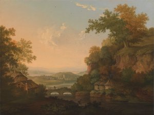 Flussszene mit Strohhütten an einer Brücke über einem Wehr