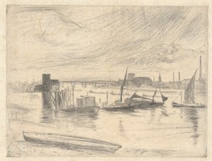 Battersea Morgendämmerung (Cadogan Pier), aus der Thames Set (Eine Serie von sechzehn Radierungen von Szenen an der Themse und anderen Motiven)