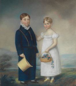 Junge mit Hut und Mädchen mit einem Korb Blumen, stehend in einer Landschaft