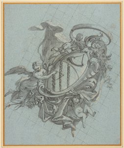 Ein Wappen mit einem Horn und drei Ketten, gehalten von einem Engel und zwei Putti
