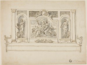 Neptun und Amphitrite flankiert von Jupiter und Juno: Entwurf für bemalte Halle oder Gartenbank