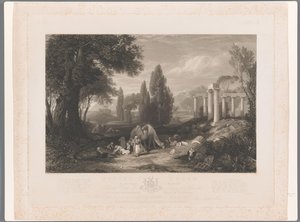 Landschaft mit Dromedaren, Ruinen und schlafenden Männern