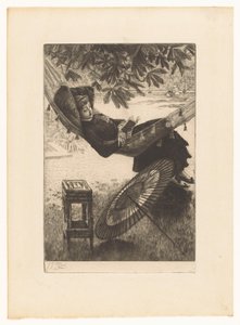 Junge lesende Frau in einer Hängematte von James Tissot
