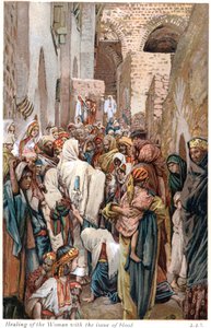 Frau, die den Saum von Jesu Gewand berührt und geheilt wird von James Tissot
