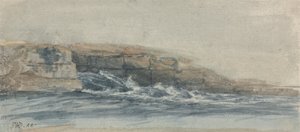 Meer bricht an steinigen Klippen links