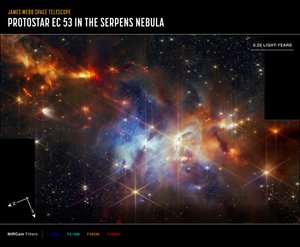 Protostern EC 53 in der Serpens-Nebel (NIRCam Kompassbild) von James Webb Space Telescope (NASA)