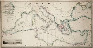 Generalkarte des Mittelmeers einschließlich des Golfs von Venedig, des Archipels und eines Teils des Schwarzen Meeres mit den Dampfschifffahrtsrouten von James the Younger Wyld