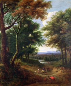 Waldlandschaft mit Reisenden auf einem Pfad