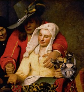 Ein Mann hält einer Frau, die ihre Brust berührt, eine Münze hin, Detail aus Die Kupplerin von Johannes Vermeer