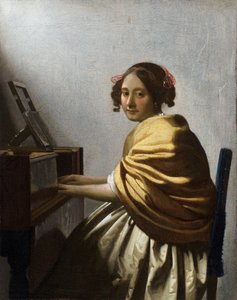 „Junge Frau, die am Virginal sitzt“ Gemälde von Jan Vermeer (Johannes) (1632-1675) um 1670, 25,1x20 cm, Privatsammlung