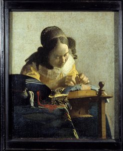 Die Spitzenklöpplerin. Gemälde von Jan (Johannes) Vermeer von Delft (1632-1675), ca. 1658-1660. Öl auf Leinwand. Maße: 0,24x0,21m. Louvre Museum.