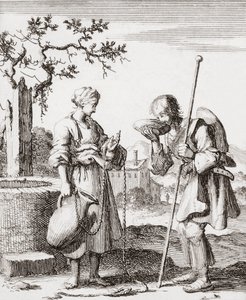Eine Frau gibt einem Pilger einen Schluck Wasser von Jan (after) Luyken