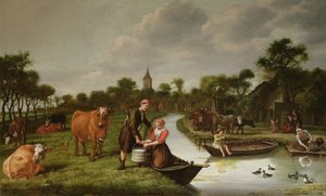 Flusslandschaft mit einem Paar, das einen Milchkessel trägt von Jan 1620 76 Victors