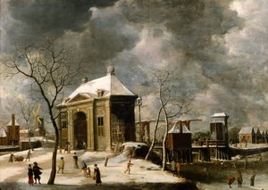 Vermutete Ansicht eines Amsterdamer Tors im Winter