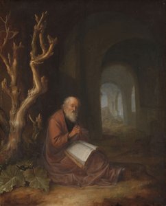 Ein Einsiedler, der in einer Ruine betet