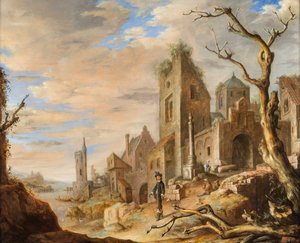 Flusslandschaft mit mittelalterlicher Stadt