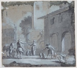Stadtszene mit einem offenen Tor, Figuren und Tieren von Jan Asselijn