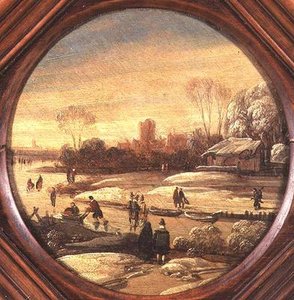 Winterlandschaft mit Schlittschuhläufern auf einem zugefrorenen Wasserweg