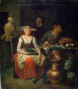 Bei einem Gemüsehändler, um 1700-1730. Flämische Malerei von Jan Baptist Lambrechts