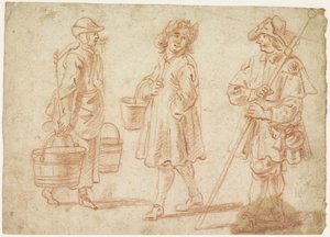 Drei Skizzen einer Frau mit Joch, Mann mit Eimer und einem Pilger von Jan Baptist Lambrechts