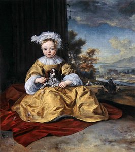 Ein Kind in einem gelben Kleid, das einen Hund hält von Jan Baptist Weenix
