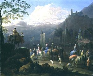 Eine Reisegruppe in der Nähe eines Hafens von Jan Baptist van der Meiren