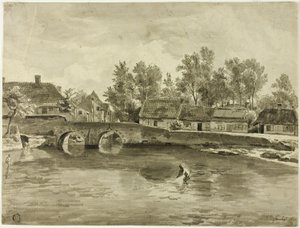 Mann angelt im Fluss nahe Dorf