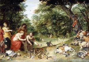 Eine Allegorie der Elemente, Erde, Luft und Wasser: Nymphen baden in einer bewaldeten Lichtung mit Jagdtrophäen in der Nähe, um 1621
