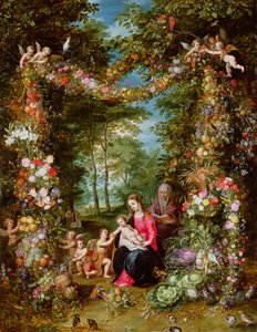 Die Jungfrau und das Kind mit dem kleinen Johannes dem Täufer, der Heiligen Anna und Engeln, umgeben von einem Blumen- und Früchtekranz von Jan Brueghel the Elder