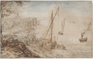 Flusslandschaft. Im Vordergrund ein beladenes Boot und Männer, die Planken zuschneiden