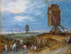 Weitläufige Landschaft mit Mühlen, Bauern und Karren im Vordergrund