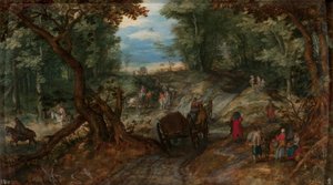 Wald mit Wagen, die einen Bach überqueren, und Reitern