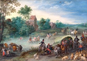 Reisende auf einer Landstraße mit Rindern und Schweinen, 1616