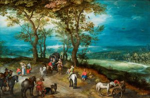 Weitläufige Landschaft mit Pferdekarren und Reisenden auf einer Straße