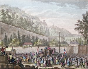 Die Frauen von Les Halles in Auteuil, als sie die französische Königsfamilie am 6. Oktober 1789 von Versailles nach Paris brachten, 1796 von Jan Bulthuis