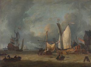 Ein Sturm (Schiffe im Hafen bei starkem Wind) von Jan Claesz. Rietschoof