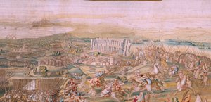Flämischer Wandteppich. Serie Die Eroberung von Tunis. Der Angriff auf La Goleta. Vierter Wandteppich der Serie. Modell Jan Vermeyen und Pieter Coecke van Aelst. 1543-1548. Herstellung Real Fábrica de Tapices de Santa Bárbara, Madrid
